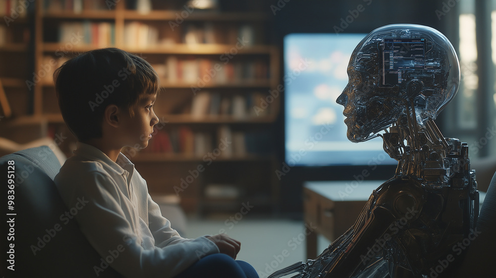 Poster young boy sitting face to face with advanced humanoid robot having a conversation