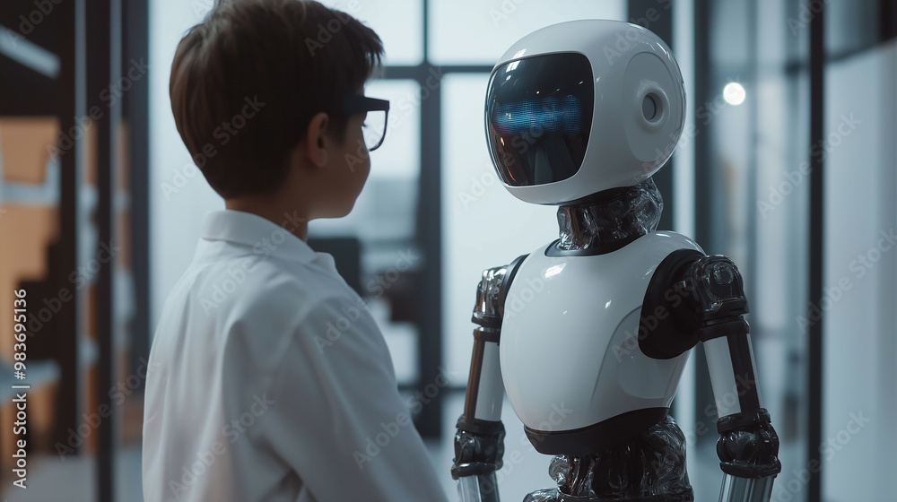 Poster curious child scientist wearing white coat interacting with a humanoid robot
