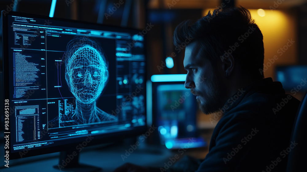 Aufkleber Software developer working late at night, developing new facial recognition software