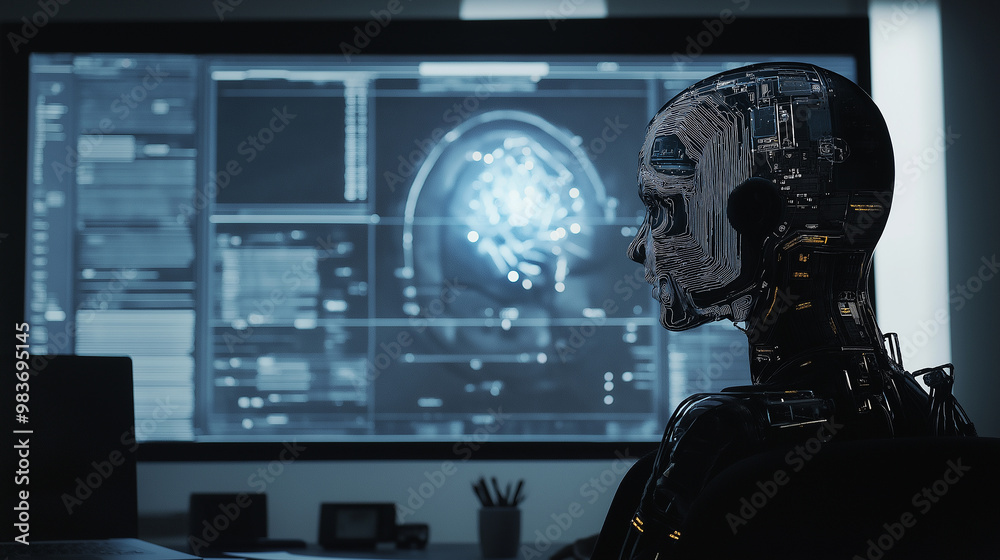 Poster Advanced humanoid robot analyzing data on computer screen