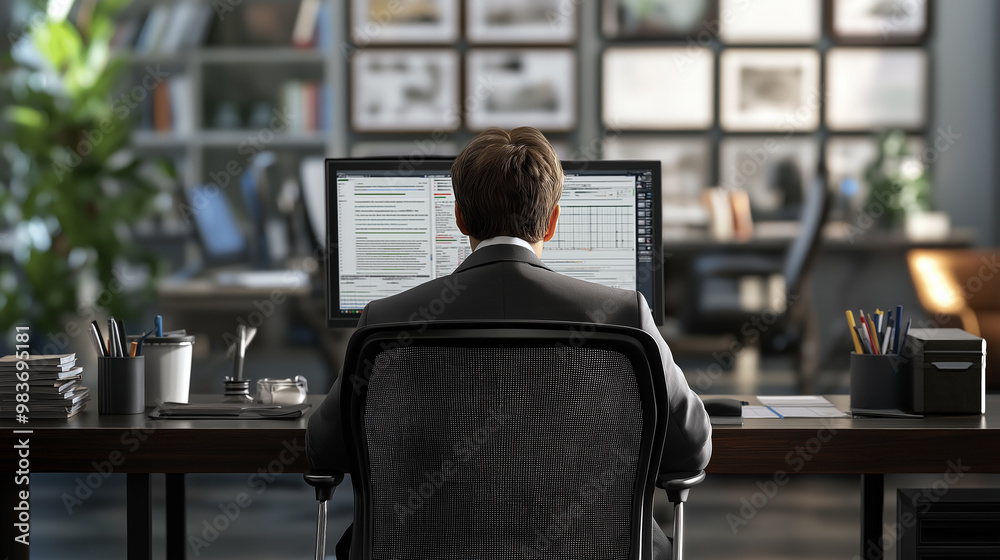 Poster Businessman analyzing data on computer in office setting