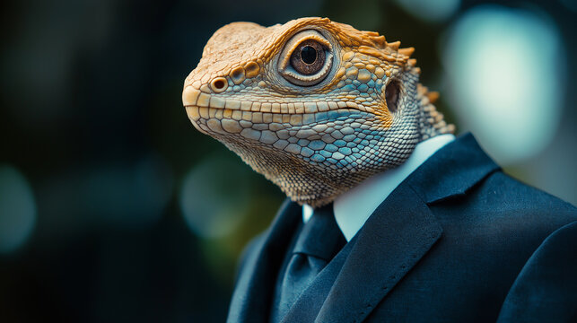 Bearded dragon wearing suit and tie posing for portrait - Powered by Adobe