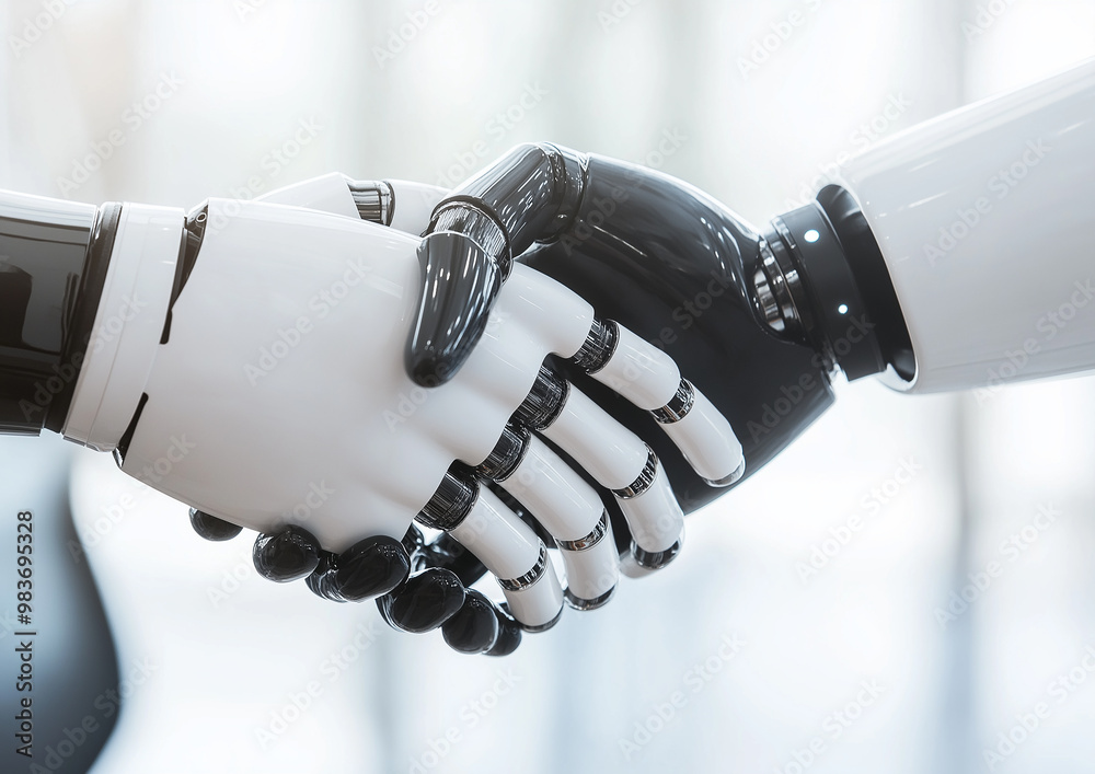 Aufkleber two robot hands shaking in technological partnership