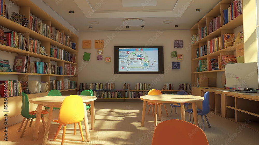 Poster modern library interior design with bookshelves and tables