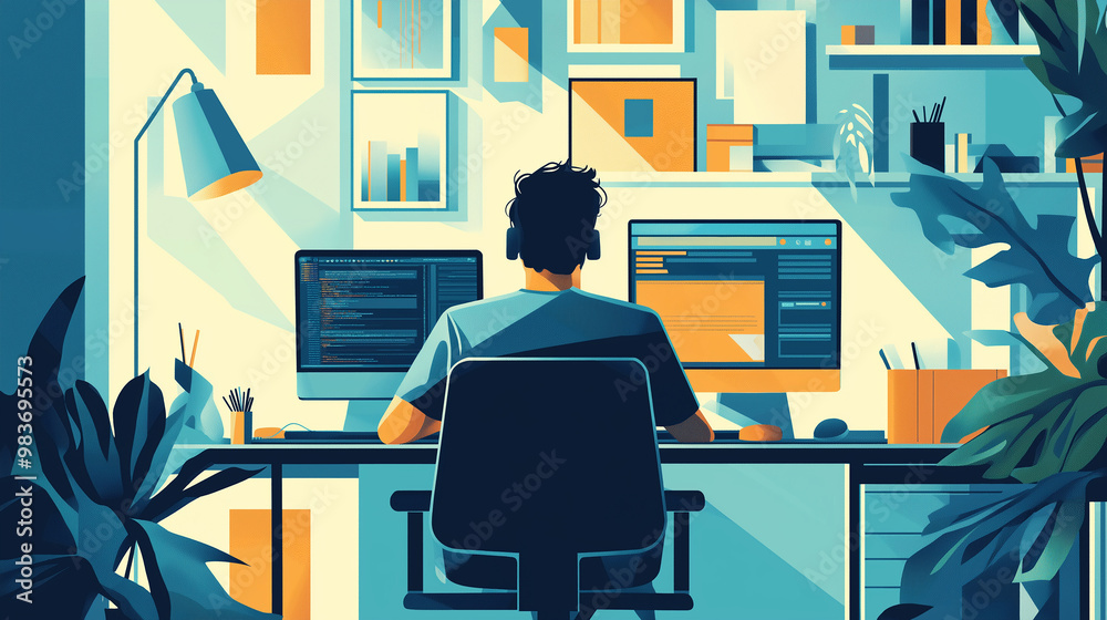 Poster Programmer working from home office using dual monitor setup