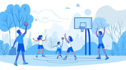People playing basketball on outdoor court illustration