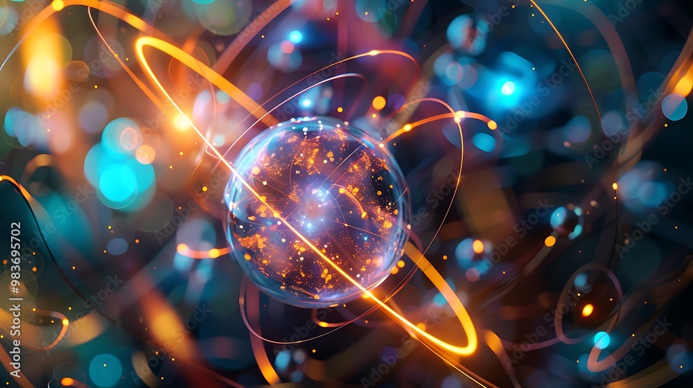 Wall mural vibrant abstract image of a glowing sphere surrounded by neon lights and intricate patterns.