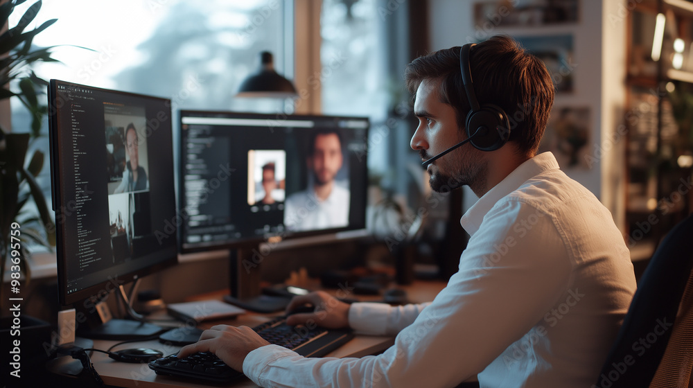 Poster Programmer wearing headset having online meeting using multiple monitors from home office