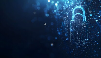 A digital illustration of an illuminated lock symbol with circuit patterns,