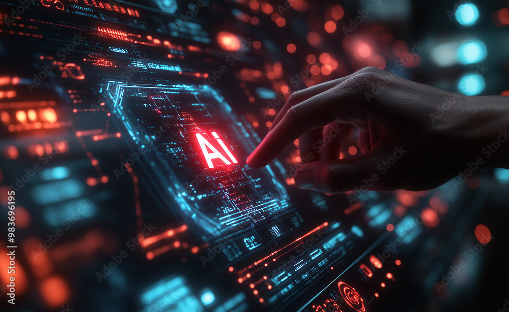 Poster Software engineer is launching artificial intelligence by touching ai symbol on the interface