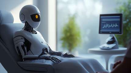 Fototapeta premium Humanoid robot sitting in hospital bed having a medical check up