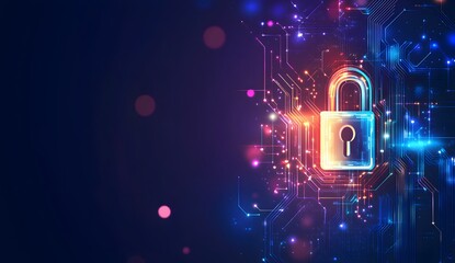 A digital illustration of an illuminated lock symbol with circuit patterns,
