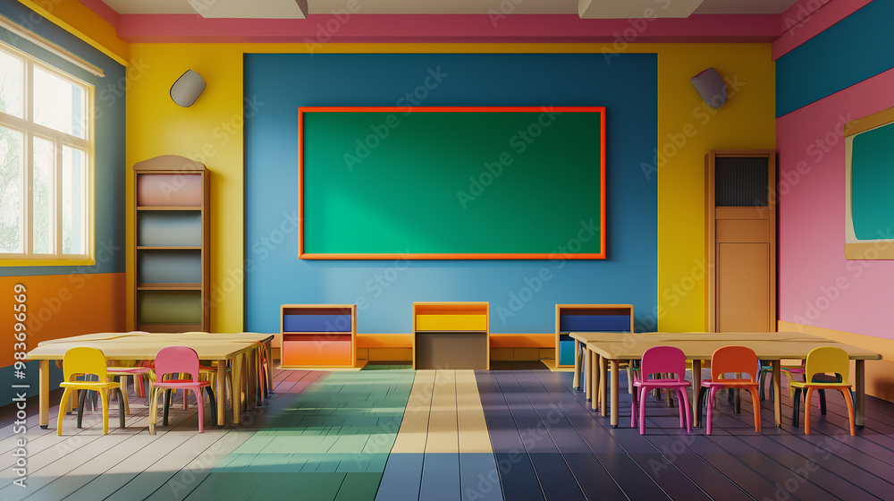 Poster Sunlight streaming through the window of a colorful classroom