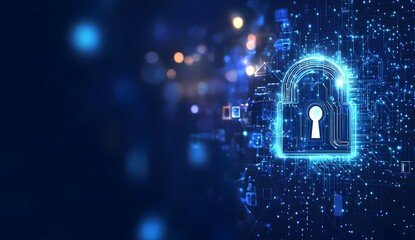 A digital illustration of an illuminated lock symbol with circuit patterns,