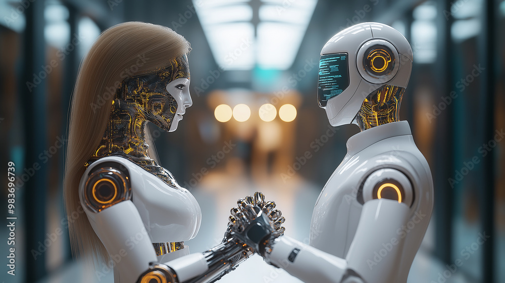 Poster two robots holding hands showing artificial intelligence love