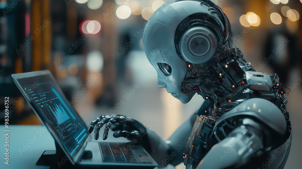 Aufkleber Futuristic robot working on laptop analyzing charts in high tech environment