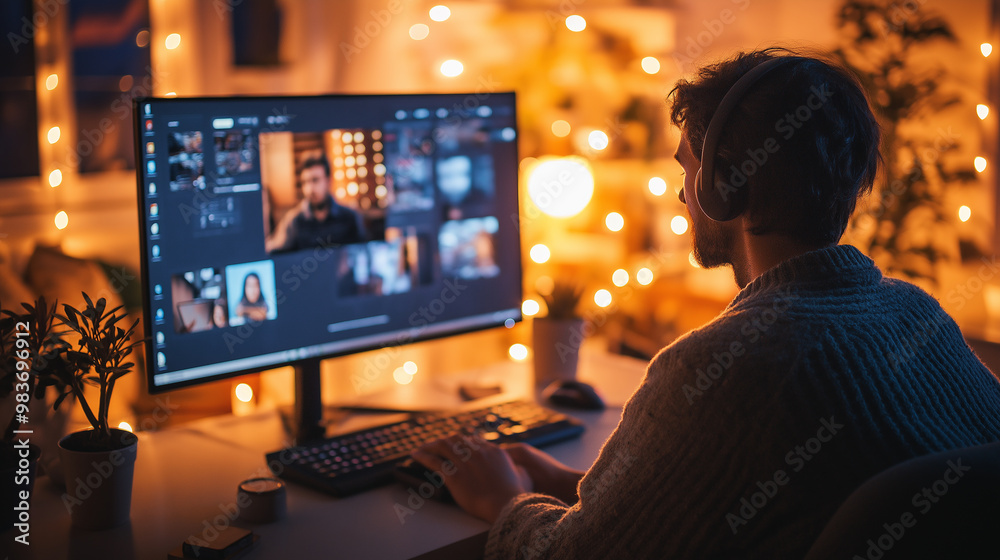 Poster video editor working from home on desktop computer at night