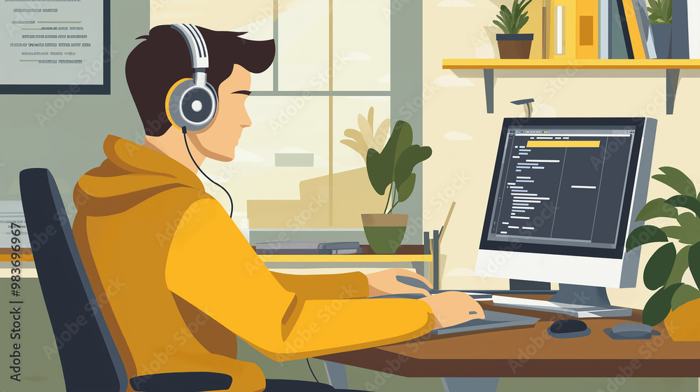 Poster Young programmer wearing headphones working from home office coding software