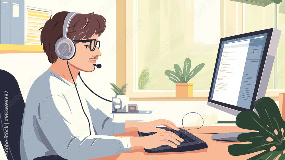 Poster Programmer wearing headset working from home office typing on keyboard
