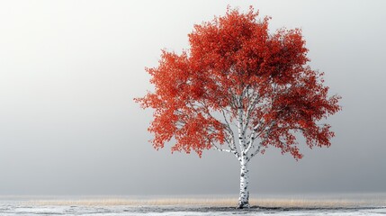 A solitary red tree stands against a misty landscape.