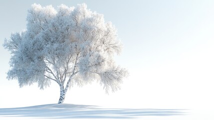 A solitary tree covered in snow against a bright winter sky.