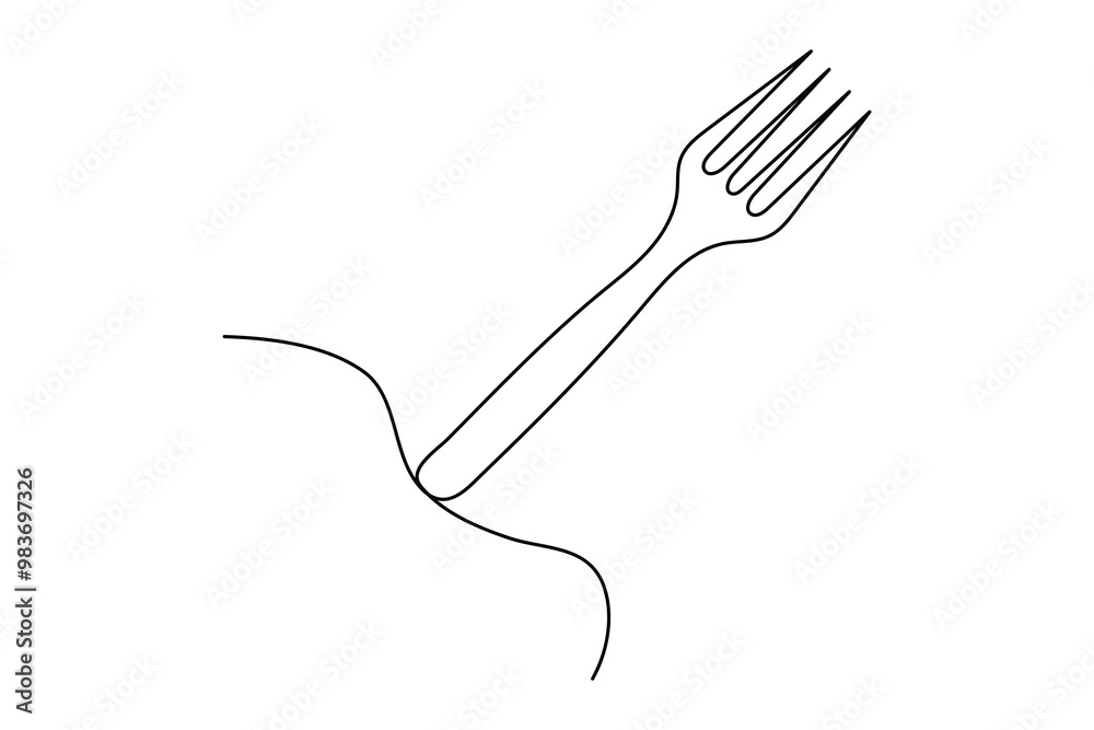 Wall mural one continuous one line hand drawn plate, knife and fork simple sketch design isolated on white back