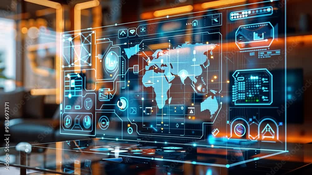 Poster a cutting-edge holographic display projects world maps and analytics in a contemporary living room, 