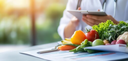 Health professional with fresh vegetables, sunlight
