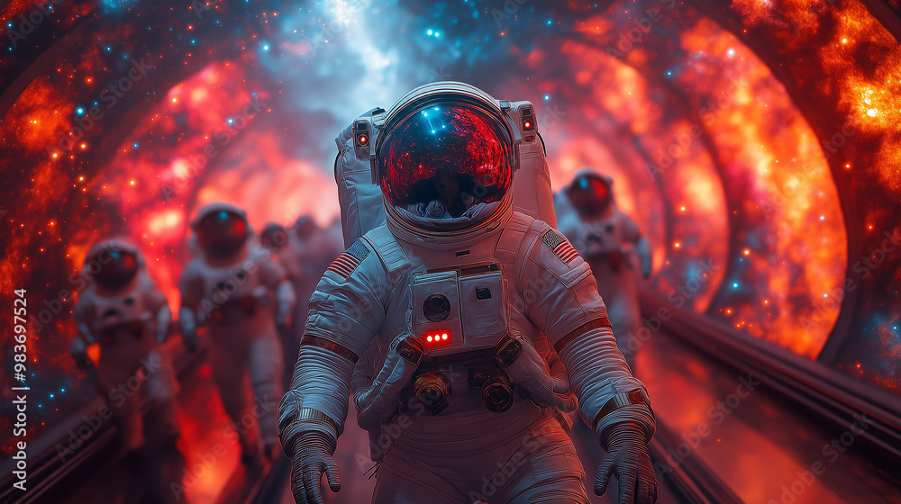 Aufkleber Astronaut walking through futuristic tunnel with team following behind