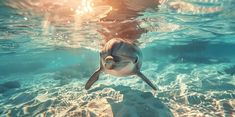 A dolphin gliding through transparent, shallow water with sunlight shimmering on its shiny surface.