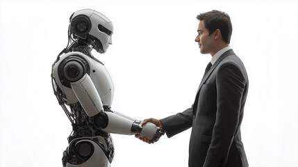 Businessman shaking hands with robot on white background