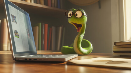 Funny green snake wearing glasses using laptop on desk at home office