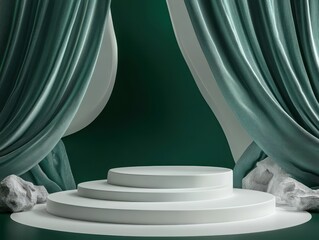 Layered white and green podium with dynamic shapes, dark green background, highcontrast abstract...