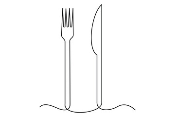 One continuous one line hand drawn plate, knife and fork Simple sketch design isolated on white background. outline Vector illustration