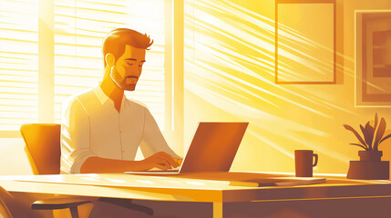 Focused freelancer working from home on laptop in sunny home office