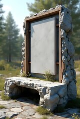 自然の中に作られた石の建造物と白いボード