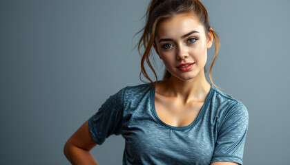 Fototapeta premium Confident woman posing in activewear, showcasing fitness style and determination against a neutral background.