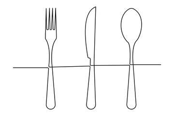 One continuous one line hand drawn plate, knife and fork Simple sketch design isolated on white background. outline Vector illustration