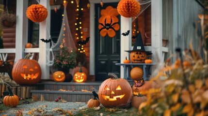 Obraz premium Festive Halloween Decoration with Pumpkins and Bats