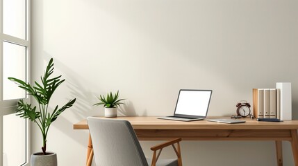 Fototapeta premium Modern Home Office with Natural Light and Minimalist Decor Featuring Plants and Wooden Desk