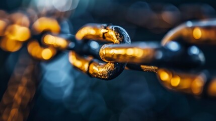 A close-up view of a metallic chain, showcasing its intricate links and a striking play of light reflecting off its surface.
