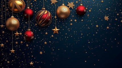 Elegant christmas baubles hanging on dark blue background