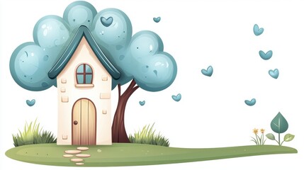 Naklejka premium Cute Cartoon Cottage With Heart Shaped Leaves