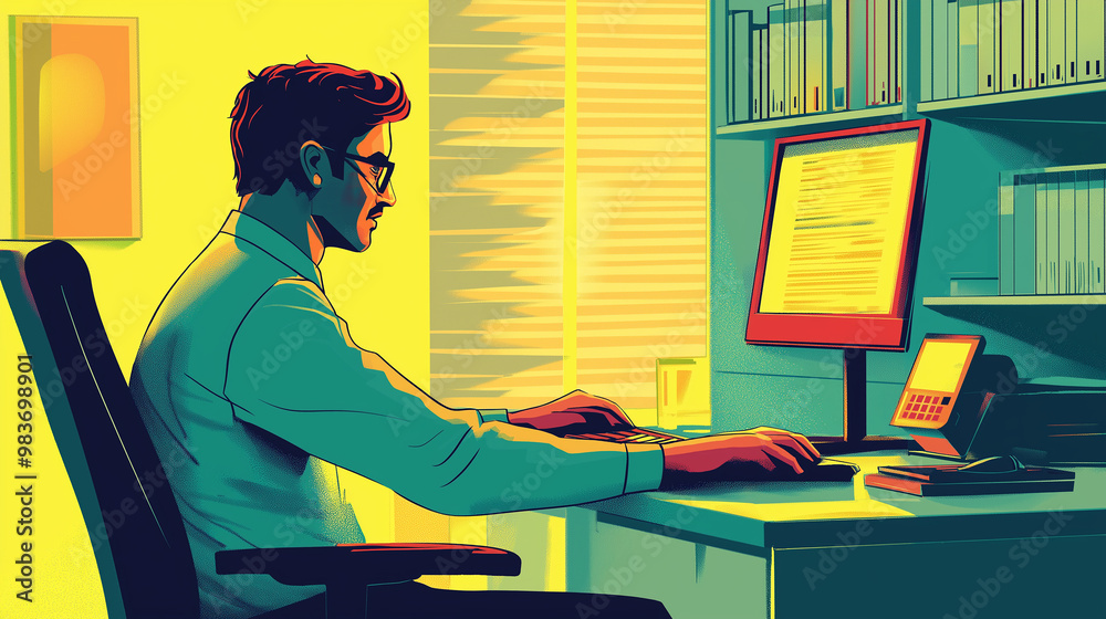 Poster focused office worker typing on keyboard at desk in busy office