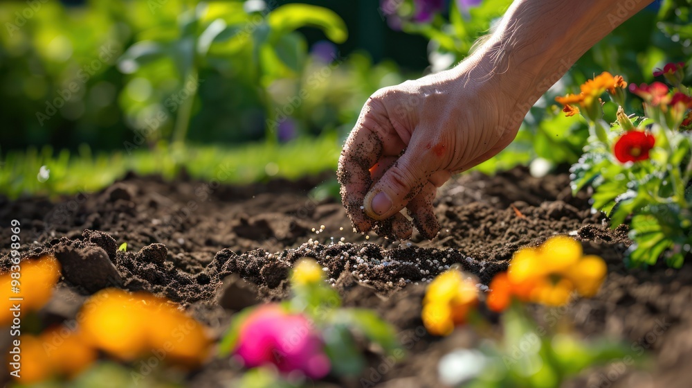 Wall mural Hand Planting Seeds in Garden