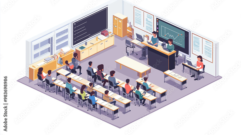Poster University or college students and professors attending a lecture in classroom