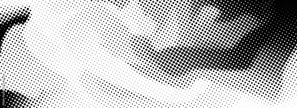 Poster Grainy dotted distorted halftone texture. Black pixel grain bitmap background. Distressed grunge wavy gradient pattern. Retro raster grit noise backdrop. Vector abstract messy comic overlay wallpaper