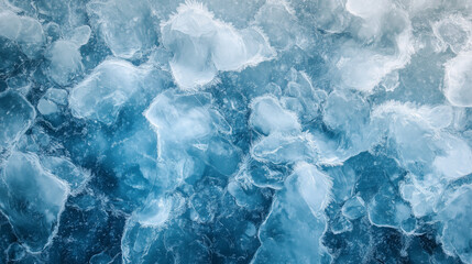 Obraz premium top view ice texture, frozen river pattern, realistic and high detailed, from deep blue to light blue and gray colors