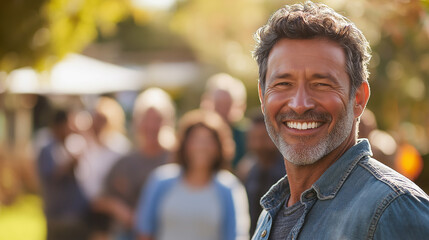 Fototapeta premium Handsome mature man smiling with friends in background