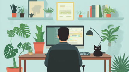 Fototapeta premium Programmer working from home with plants and cat on desk